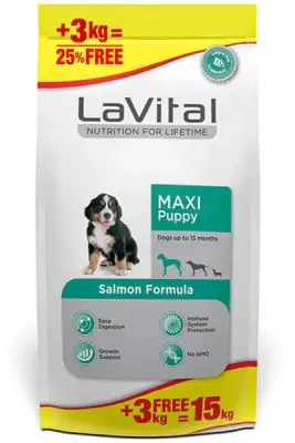 LaVital Maxi Puppy Somonlu Büyük Irk Yavru Köpek Maması 12kg +3kg HEDİYE! - 1