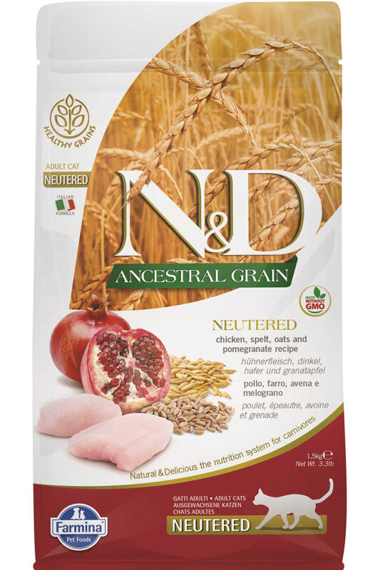 ND Ancestral Grain Düşük Tahıllı Tavuk ve Narlı Kısırlaştırılmış Kedi Maması 1,5kg - 1