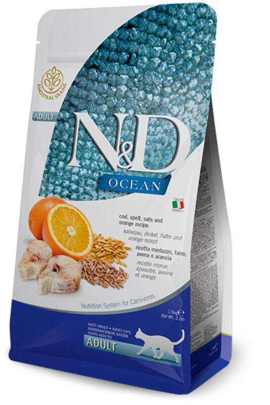 ND Ocean Düşük Tahıllı Morina Balığı ve Portakallı Yetişkin Kedi Maması 1,5 KG - 1