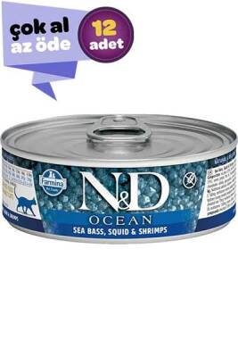 ND Ocean Tahılsız Levrek Mürekkep Balığı ve Karidesli Yetişkin Kedi Konservesi 12x70gr (12li) - 1