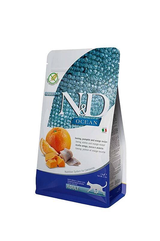 ND Ocean Tahılsız Ringa Balığı Balkabağı ve Portakallı Yetişkin Kedi Mamas 1,5 KG - 1