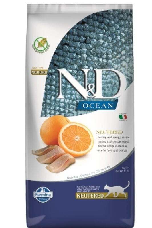 ND Ocean Tahılsız Ringa Balığı ve Portakallı Kısırlaştırılmış Kedi Maması 5 KG - 1