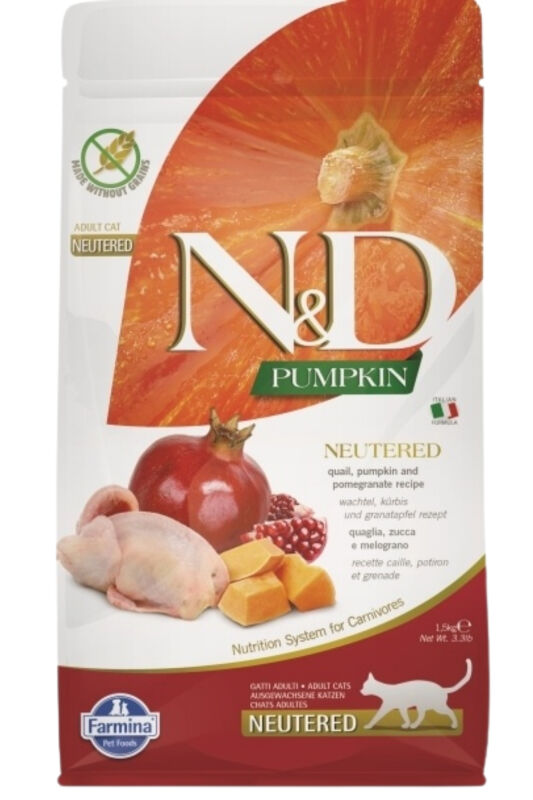 ND Pumpkin Tahılsız Bıldırcın Eti Balkabağı ve Narlı Kısırlaştırılmış Kedi Maması 1,5 KG - 1