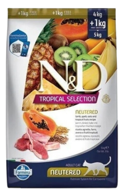 ND Tropical Selection Kuzu Etli Kısırlaştırılmış Kedi Maması 4 KG+1 KG Hediyeli - 1