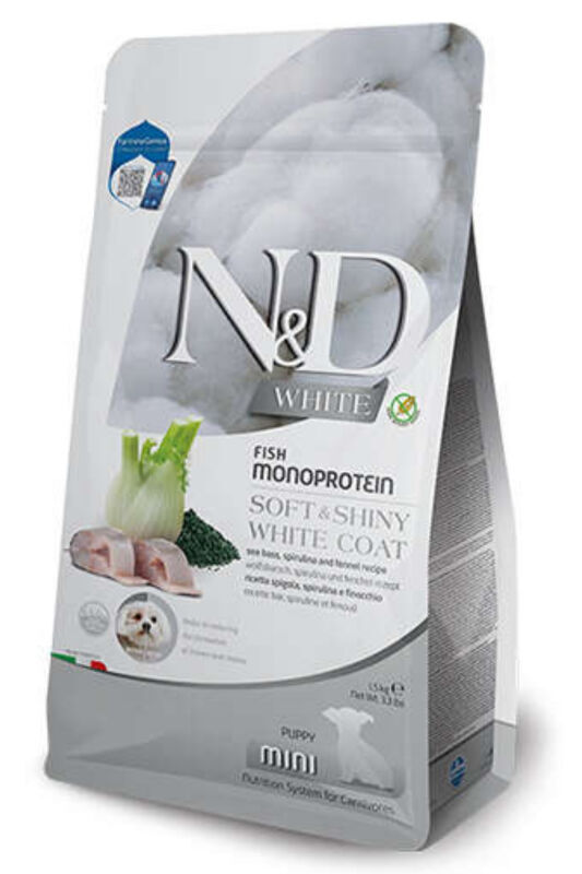 ND White Coat Mini Puppy Levrek ve Spirulina Beyaz Tüylü Mini Irk Tahılsız Yavru Köpek Maması 1,5 KG - 1