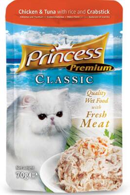 Princess Classic Gold Pouch Tavuklu Ton Balıklı Yengeçli ve Pirinçli Yetişkin Kedi Konservesi 70gr - 1